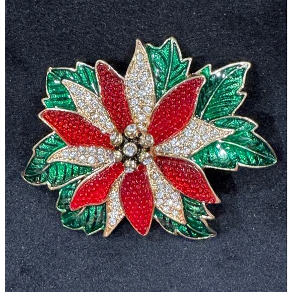 Napier Poinsettia Brooch – Red Enamel & Clear Rhinestones Holiday Pin CP40 - Picture 2 of 4